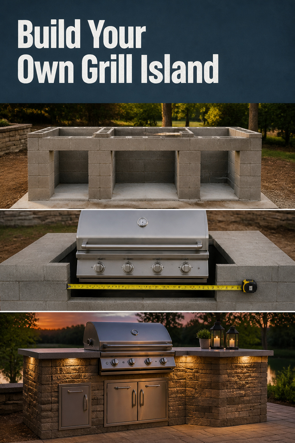 Pinterest collage showing the stages of building a DIY outdoor kitchen grill island from frame to finished counter