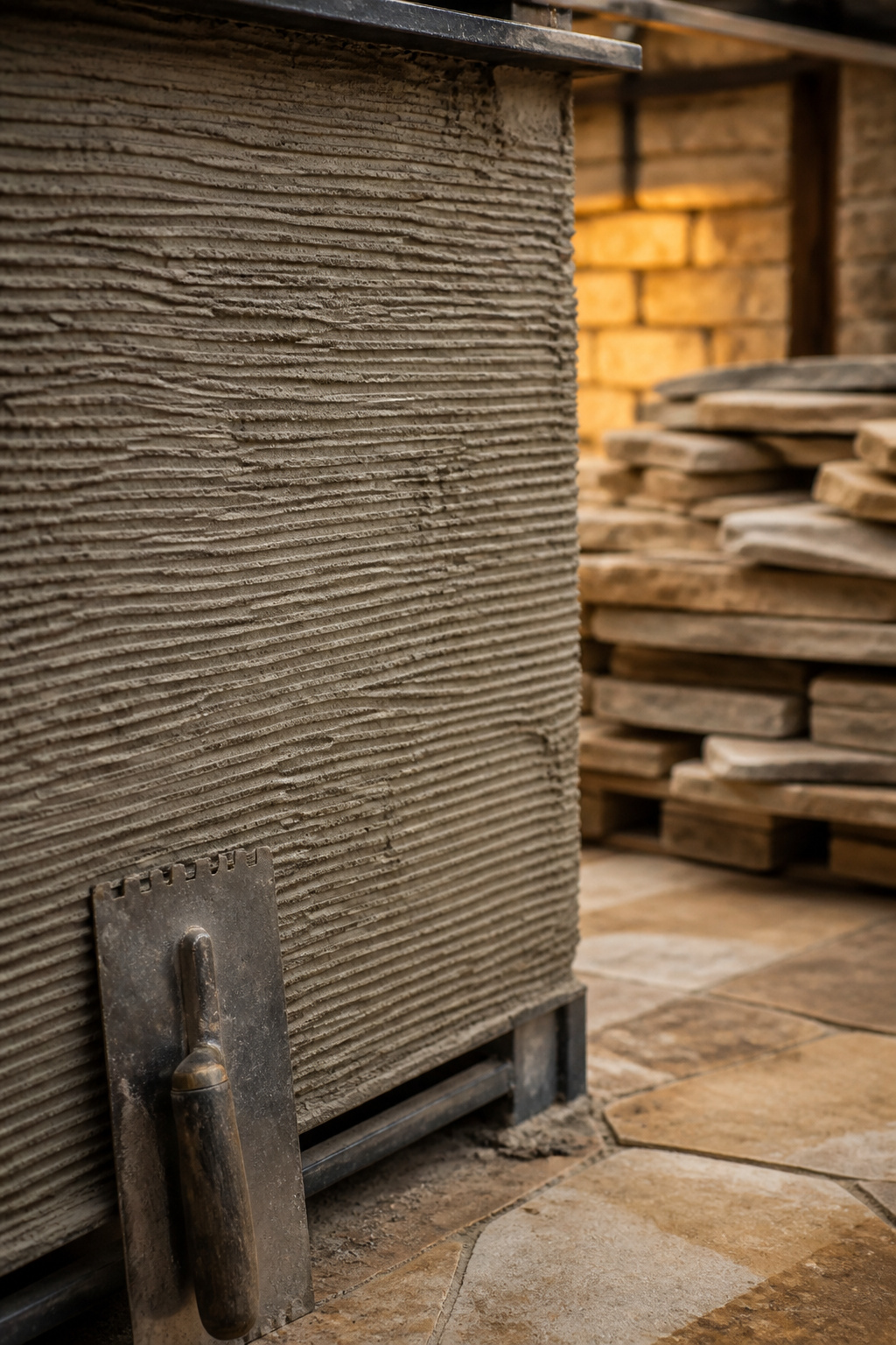 Scratch coat mortar with grooved texture applied over metal lath on an outdoor kitchen island frame