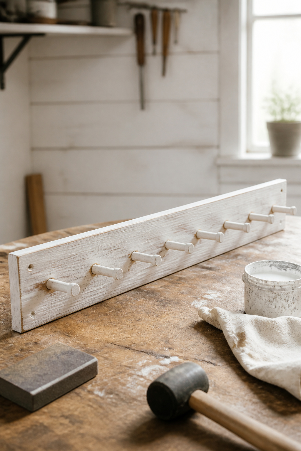 Pine peg rail board mid-whitewash on a workbench with Shaker pegs glued in place, pot of diluted white paint and cloth nearby