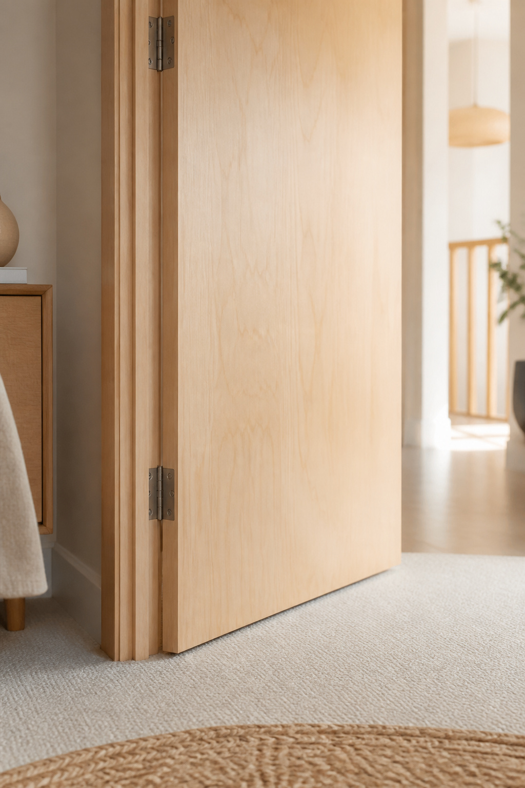 Bedroom door swung fully open showing the floor arc it needs, next to a pale jute rug in a small bright bedroom