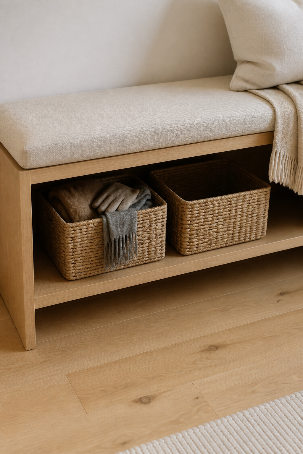 Woven seagrass baskets sized to fit an entryway bench's open shelf