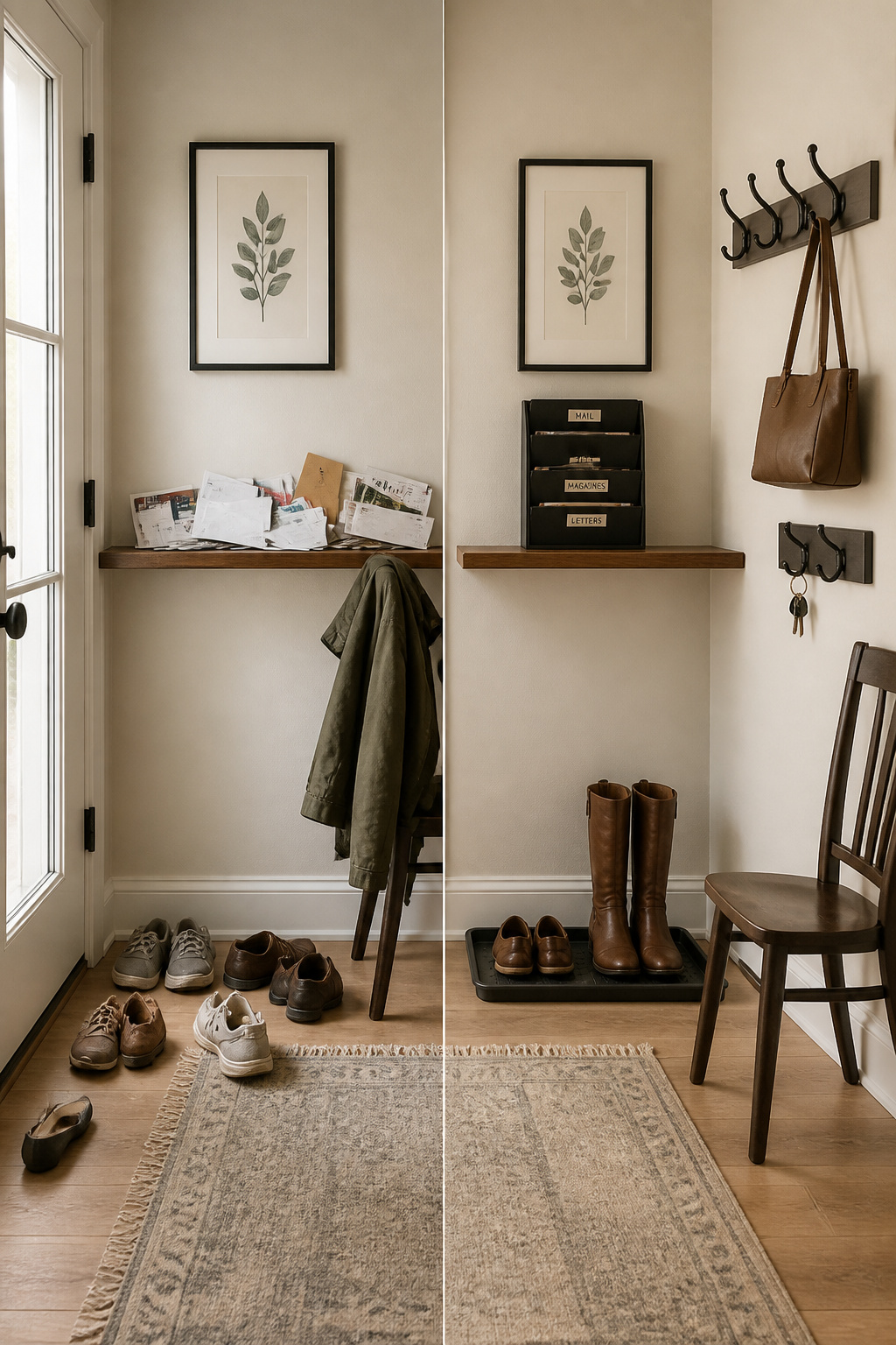 Before and after comparison of a cluttered entryway drop zone versus a redesigned organized one