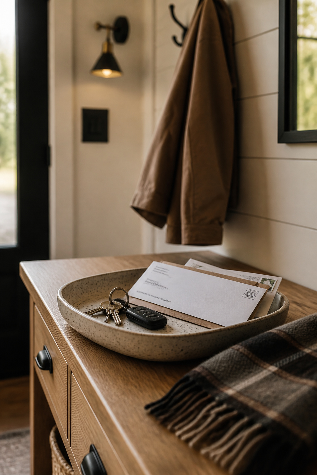 Entryway bench with a ceramic catch-all tray for keys and mail beneath coat hooks