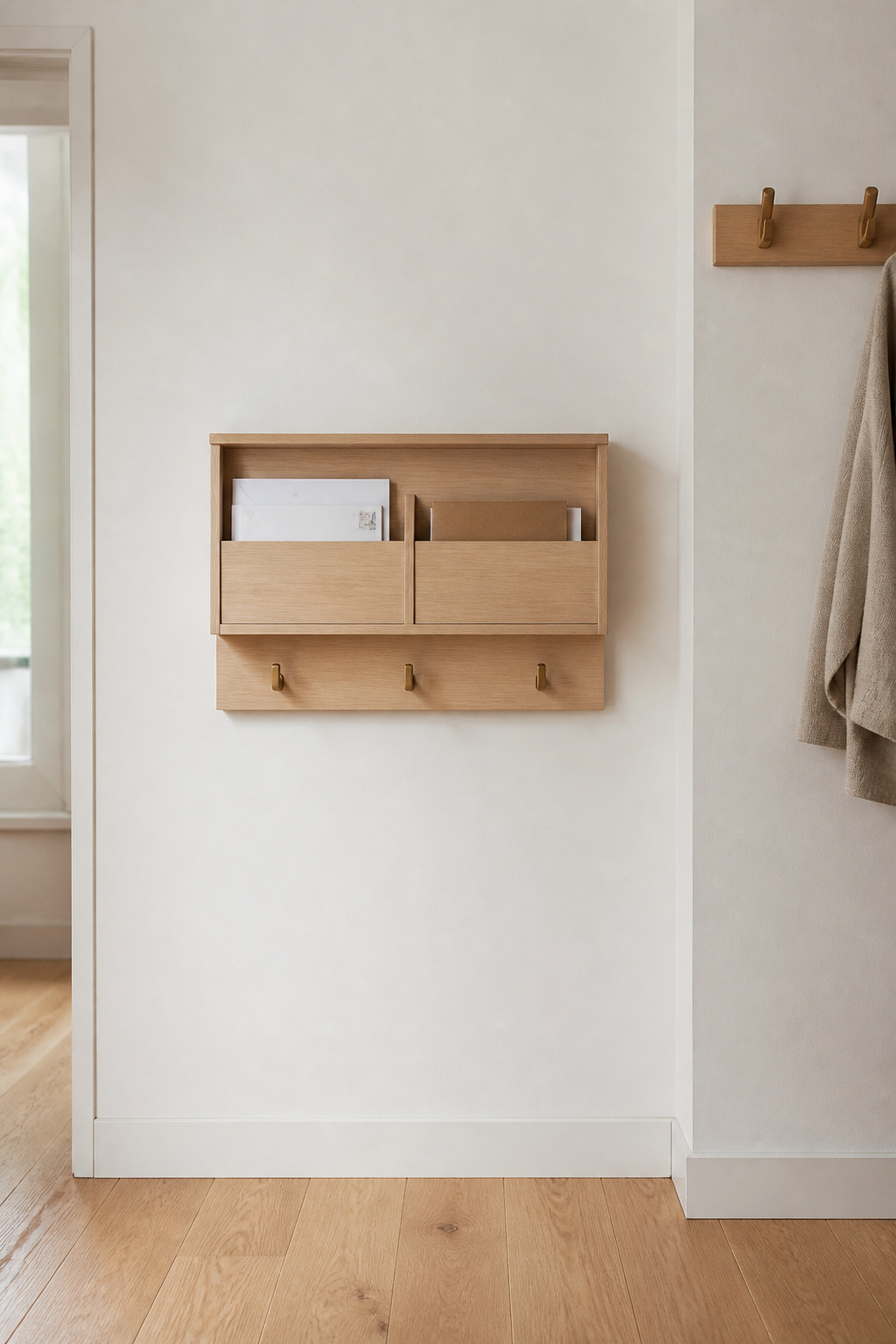 Wall-mounted command center with key hooks and mail slots at a lower height than coat hooks