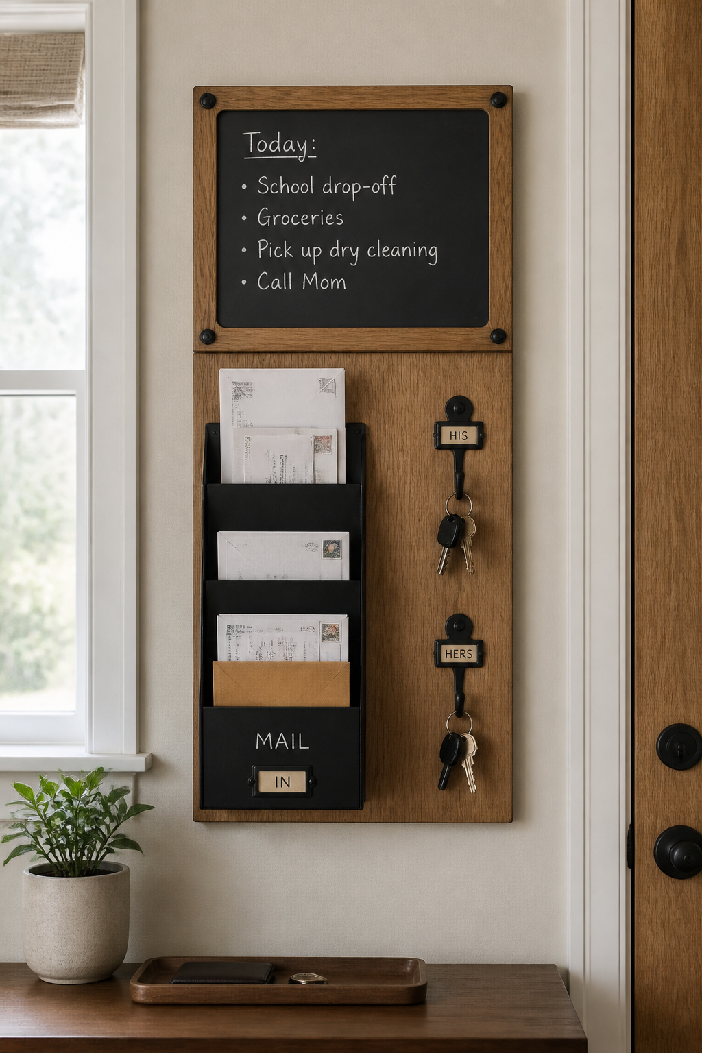 Wall-mounted command center with vertical mail sorter and key hooks in a drop zone