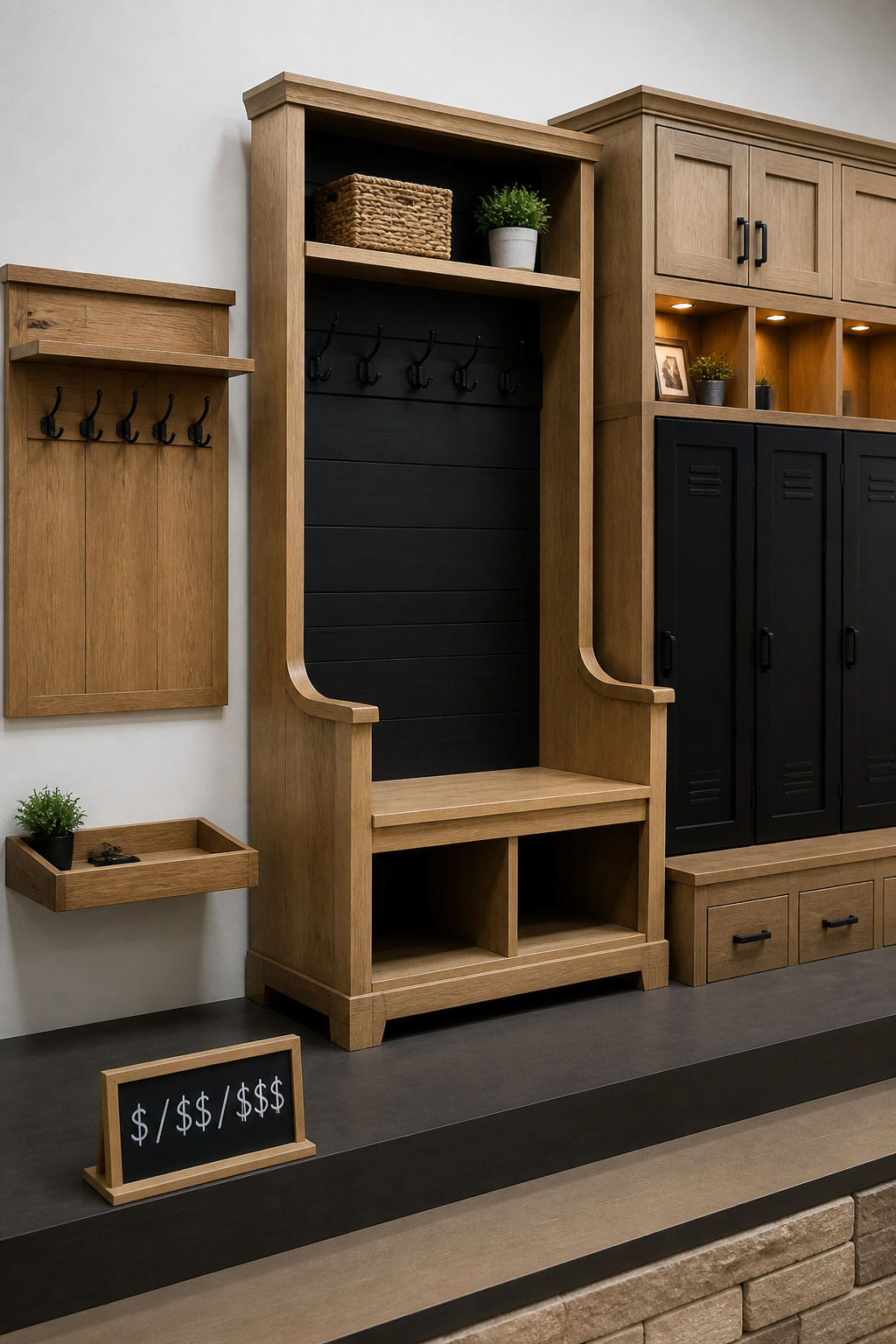 Three drop zone cost tiers shown side by side: simple hooks and tray, mid-tier hall tree, and custom built-in cabinetry