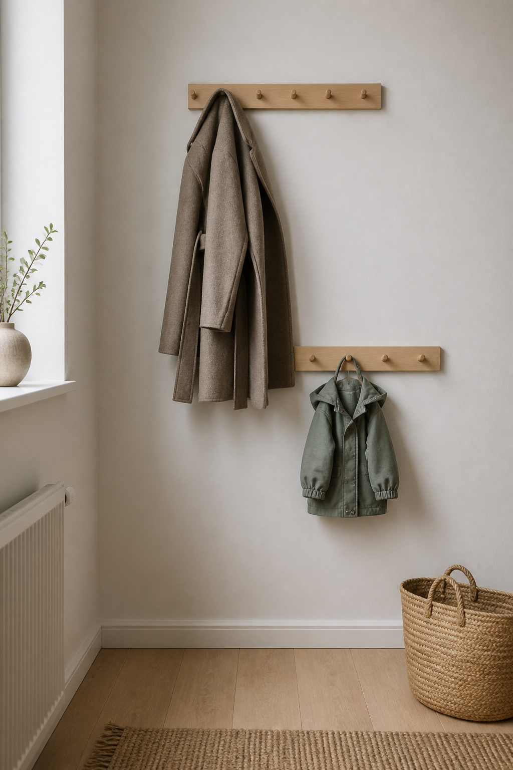 Two-tier entryway hook rows at adult and child height positioned off the main sightline