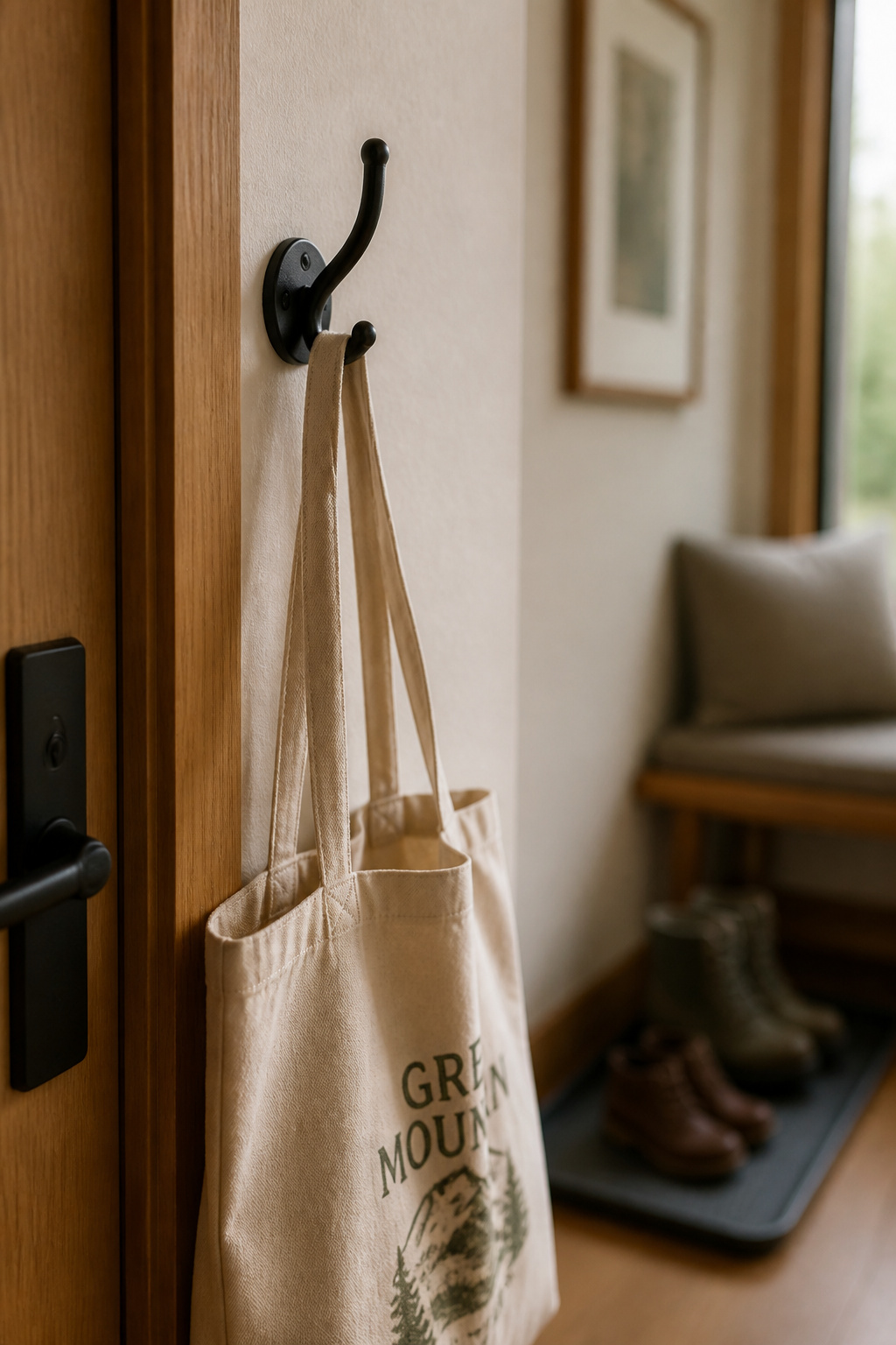 Wall hook mounted at the point of entry for easy bag storage in a drop zone