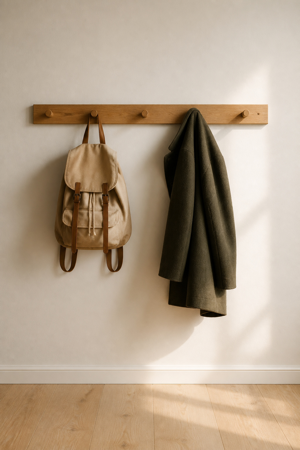 Oak Shaker peg hook rail with a backpack and coat spaced to avoid crowding