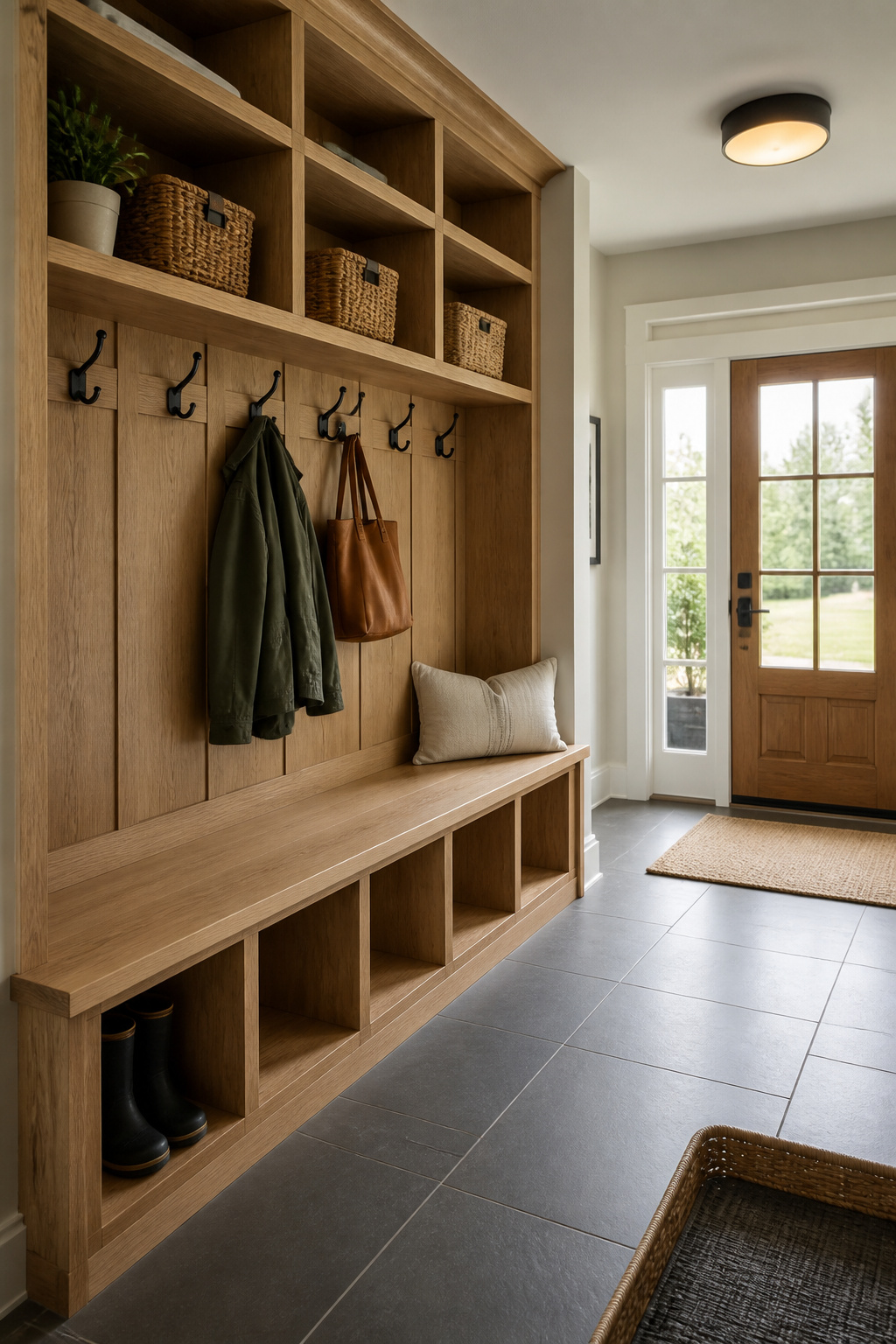 Wall-mounted entryway drop zone with bench, cubbies, coat hooks and baskets in a modern farmhouse hallway