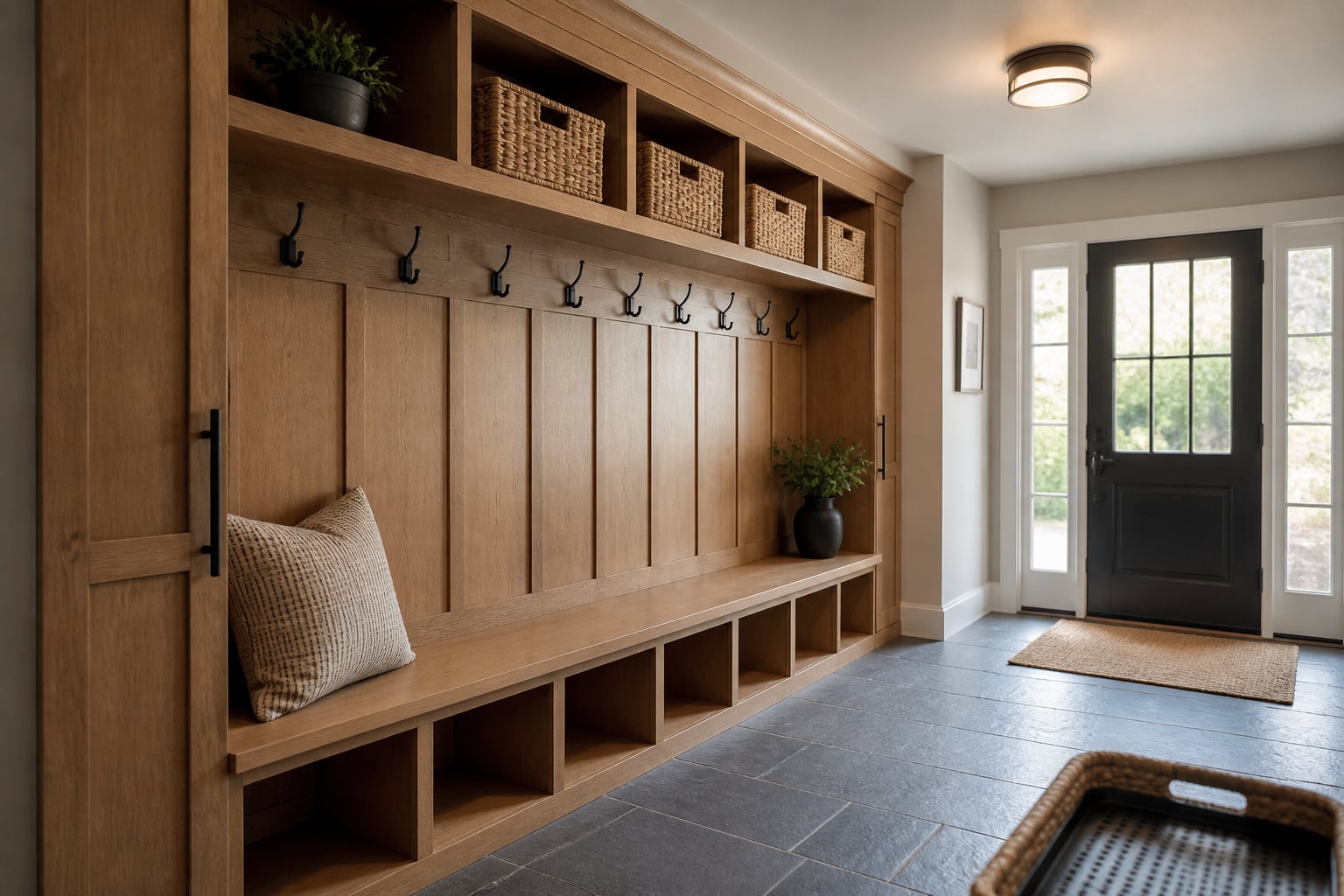 Wall-mounted entryway drop zone with bench, cubbies, coat hooks and baskets in a modern farmhouse hallway