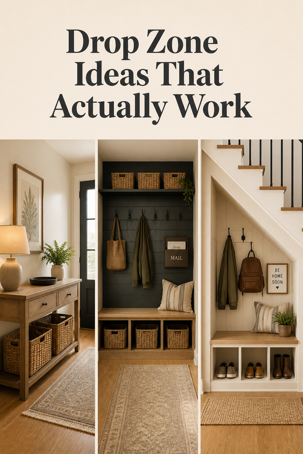 Pinterest collage of three drop zone ideas: console table, wall-mounted command center bench, and under-stairs storage nook