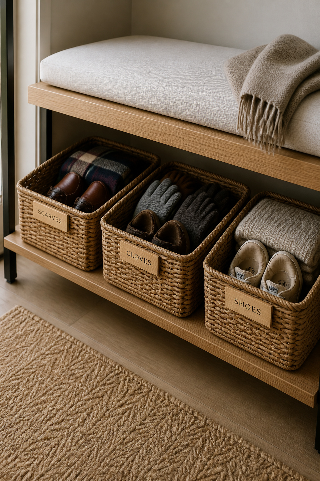 Simple labeled storage baskets in a family entryway drop zone
