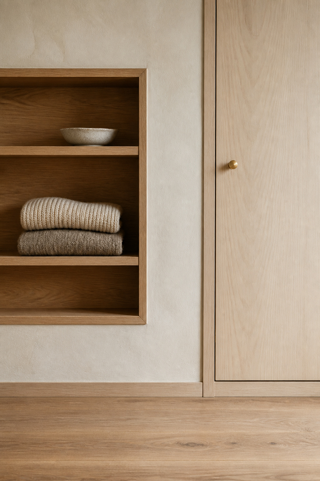 Open floating shelf beside a closed storage cubby in a Scandinavian entryway