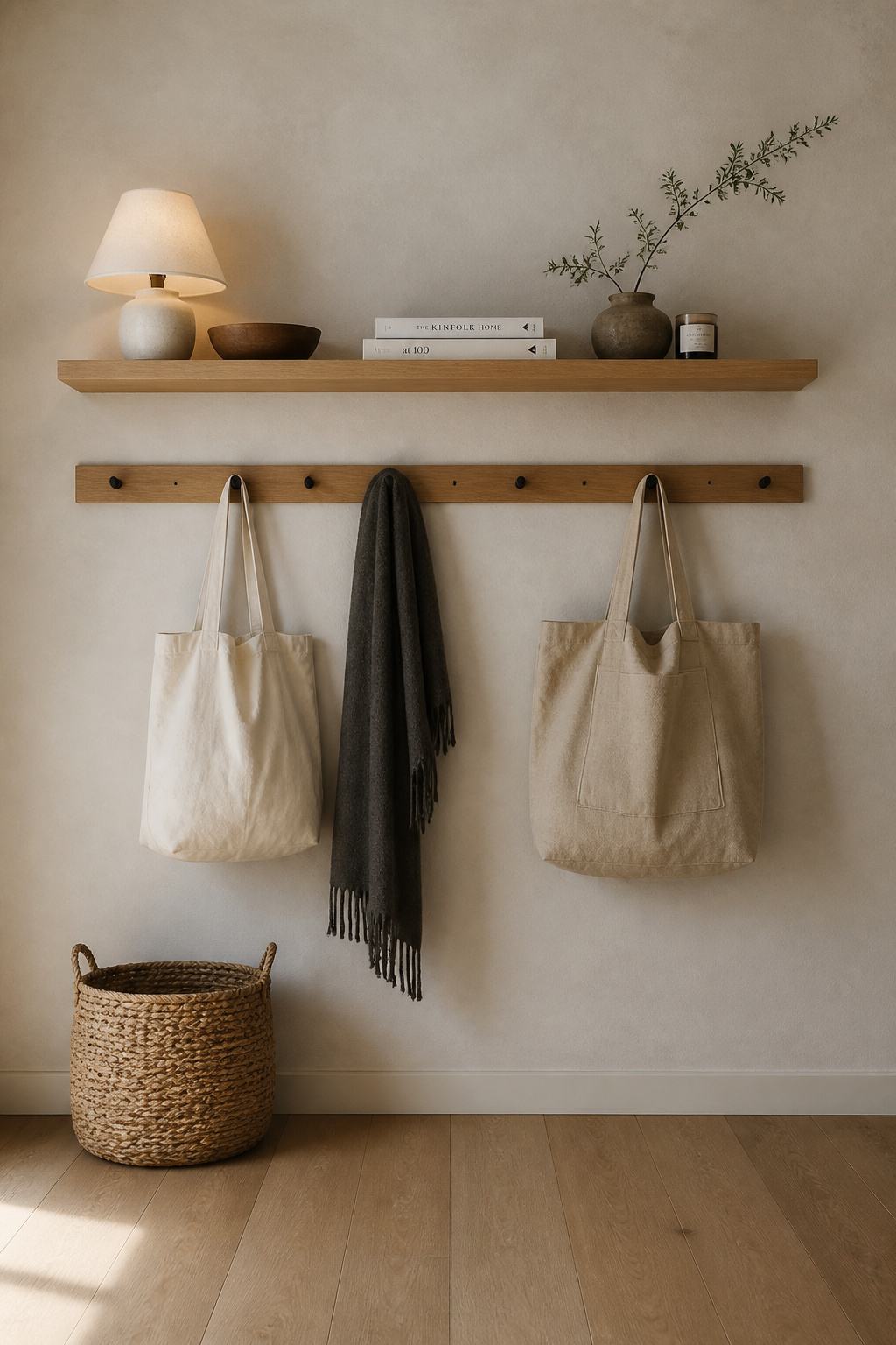 Scandinavian entryway drop zone with floating shelf and Shaker peg hooks holding bags and a scarf