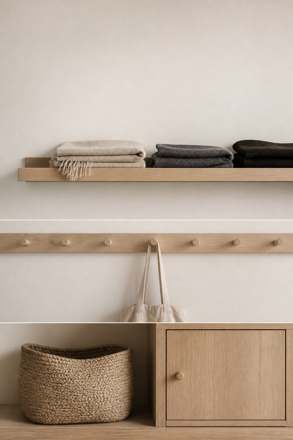 Pinterest collage of entryway shelving, hooks and baskets for a drop zone storage system