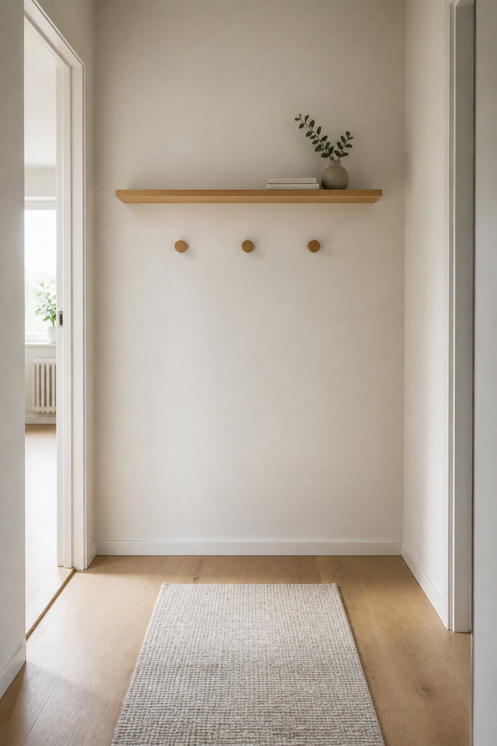 Narrow entryway using only a shallow floating shelf and hooks to save floor depth