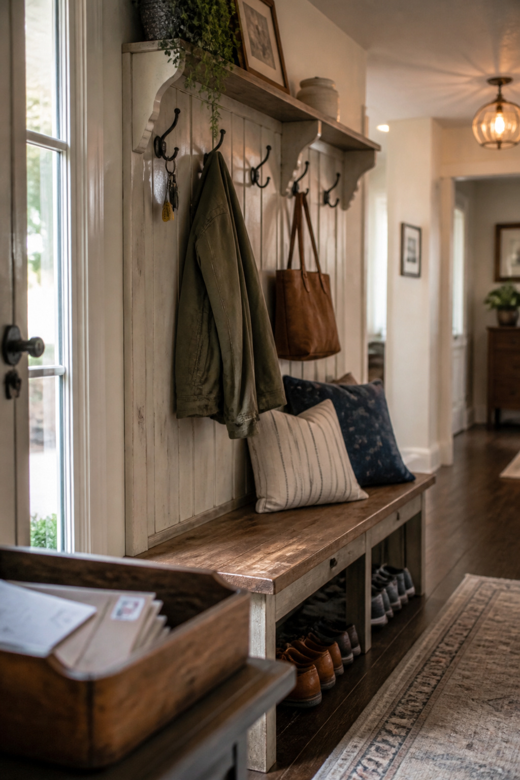 A tidy but lived-in entryway drop zone with shoes lined up and a mail tray showing daily use