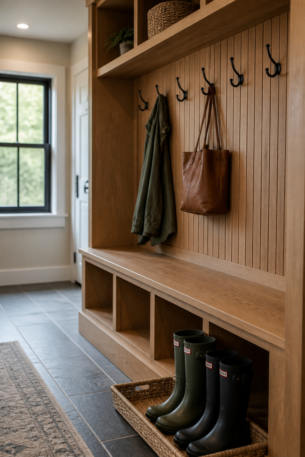 Wall-mounted mudroom bench with hooks, cubbies and a boot tray illustrating the difference between a mudroom and a general drop zone