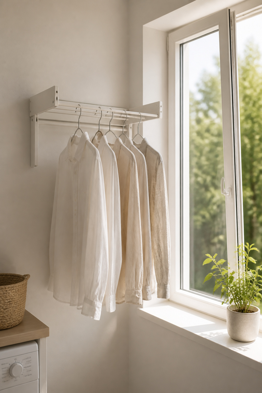 White fold-down drying rack near open casement window in a Scandinavian laundry room with linen shirts spaced apart for airflow