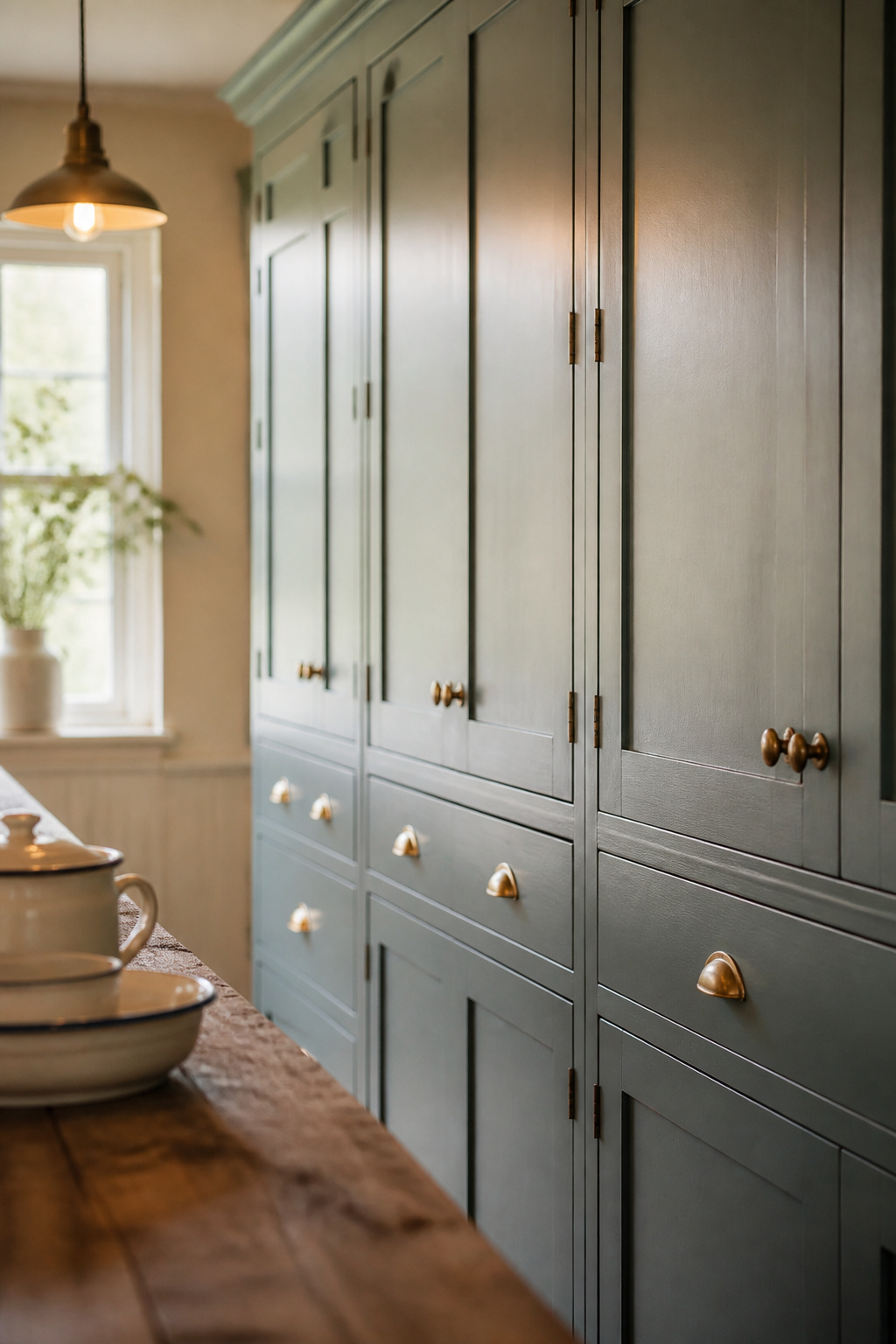 Dusty blue-green painted shaker kitchen cabinets with brass hardware and a reclaimed pine counter