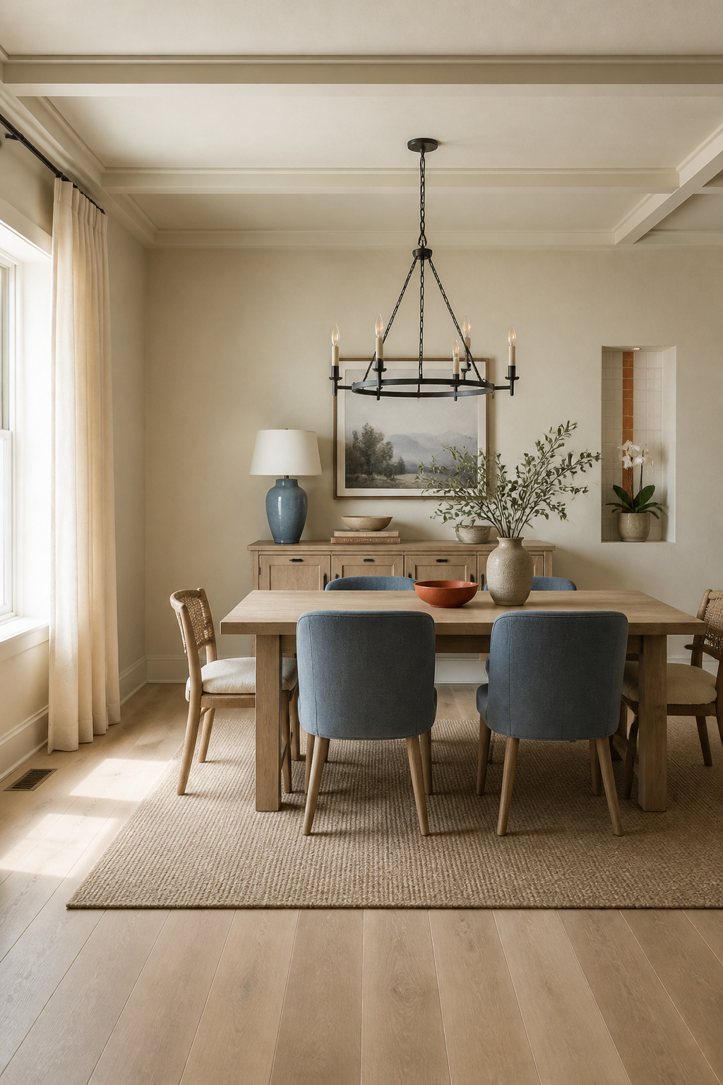Eclectic dining room showing 60-30-10 colour distribution: warm cream walls and oak floor as the 60% dominant neutral, dusty blue-grey chairs and lamp as the 30% secondary character colour, and a small terracotta ceramic bowl as the 10% accent