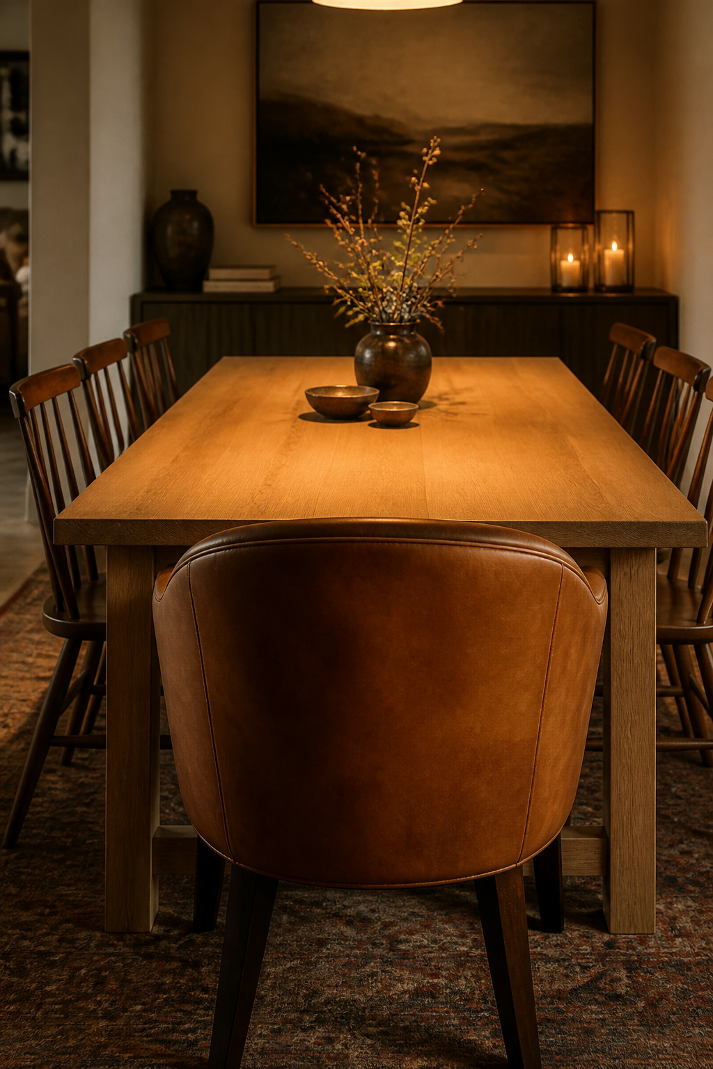 Upholstered armchair at head of dining table with mismatched spindle-back side chairs