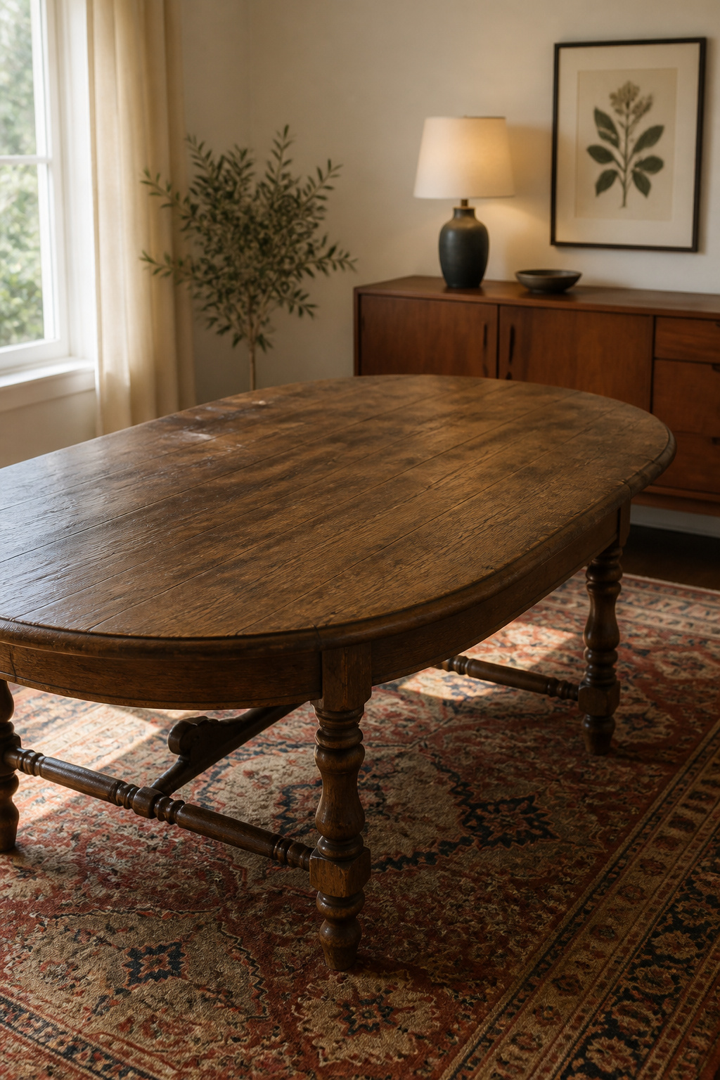 Antique oak oval dining table with turned legs and patinated surface, with a mid-century walnut credenza and botanical print visible in the background