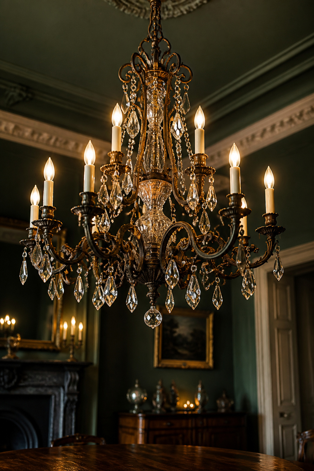 Ornate bronze Victorian-style chandelier with crystal drops glowing warmly above an eclectic dark walnut dining table