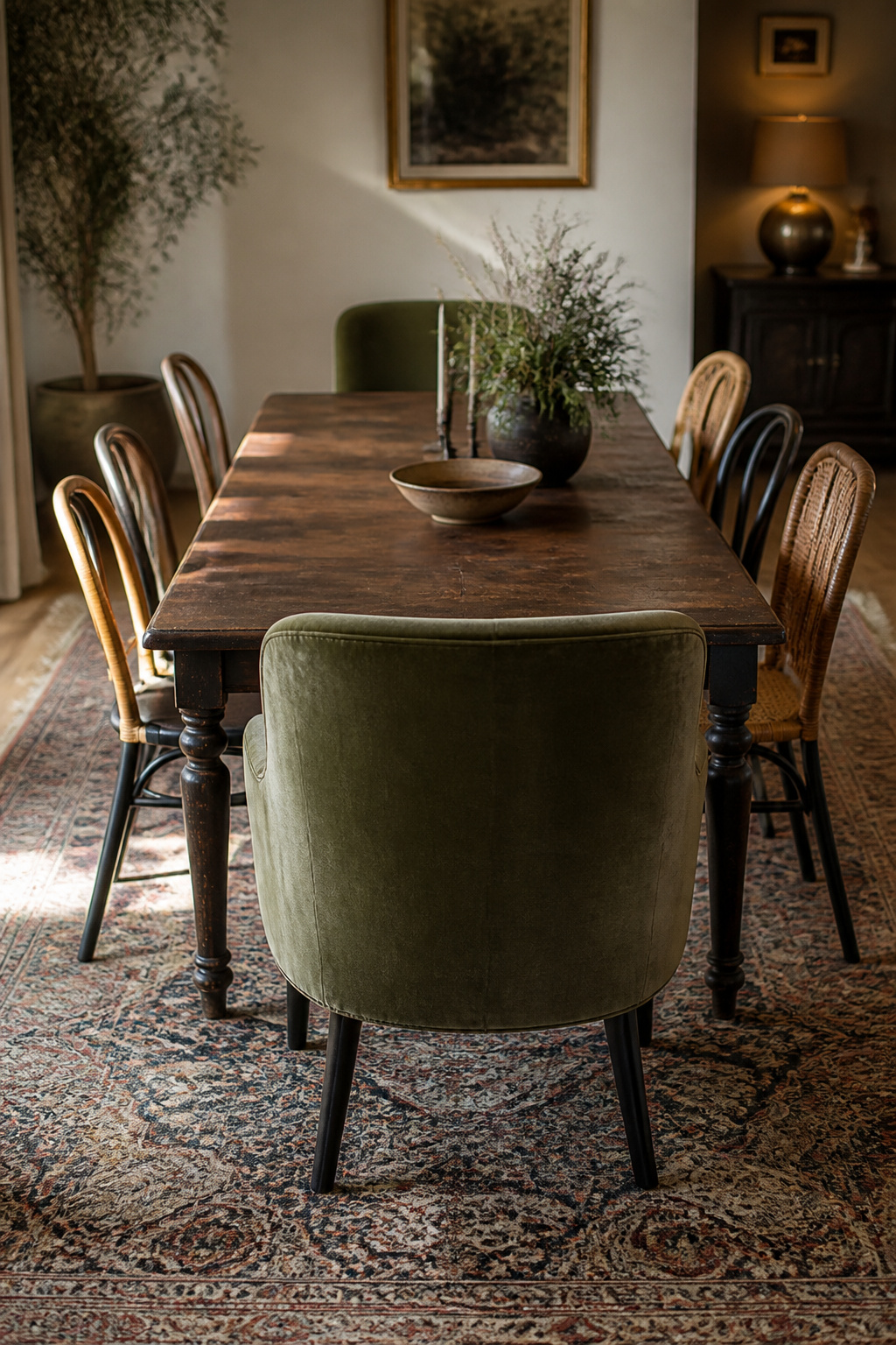Long antique dining table viewed from one end with a velvet upholstered armchair at the near head and a mix of rattan and bentwood side chairs along the flanks, all with matching matte-black legs