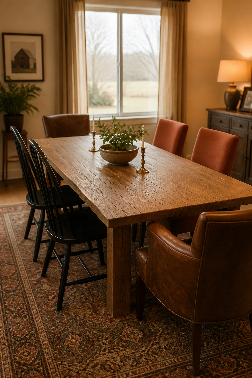 Six mismatched eclectic dining chairs in black, terracotta linen, and walnut leather around a solid oak dining table