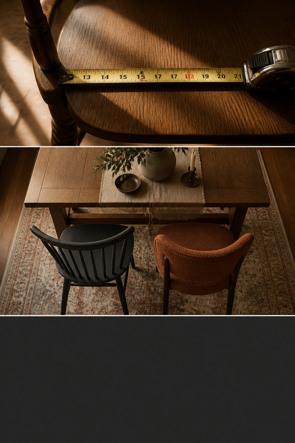 Pinterest guide to mixing mismatched eclectic dining chairs showing seat height measurement and coordinated chair examples