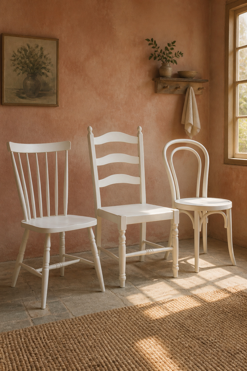 Three different dining chair styles unified by the same matte white paint treatment