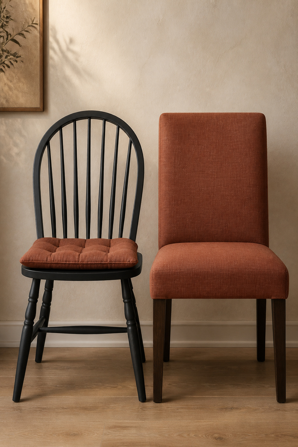 Spindle-back Windsor dining chair with cushion balanced against an upholstered Parsons dining chair in matching fabric