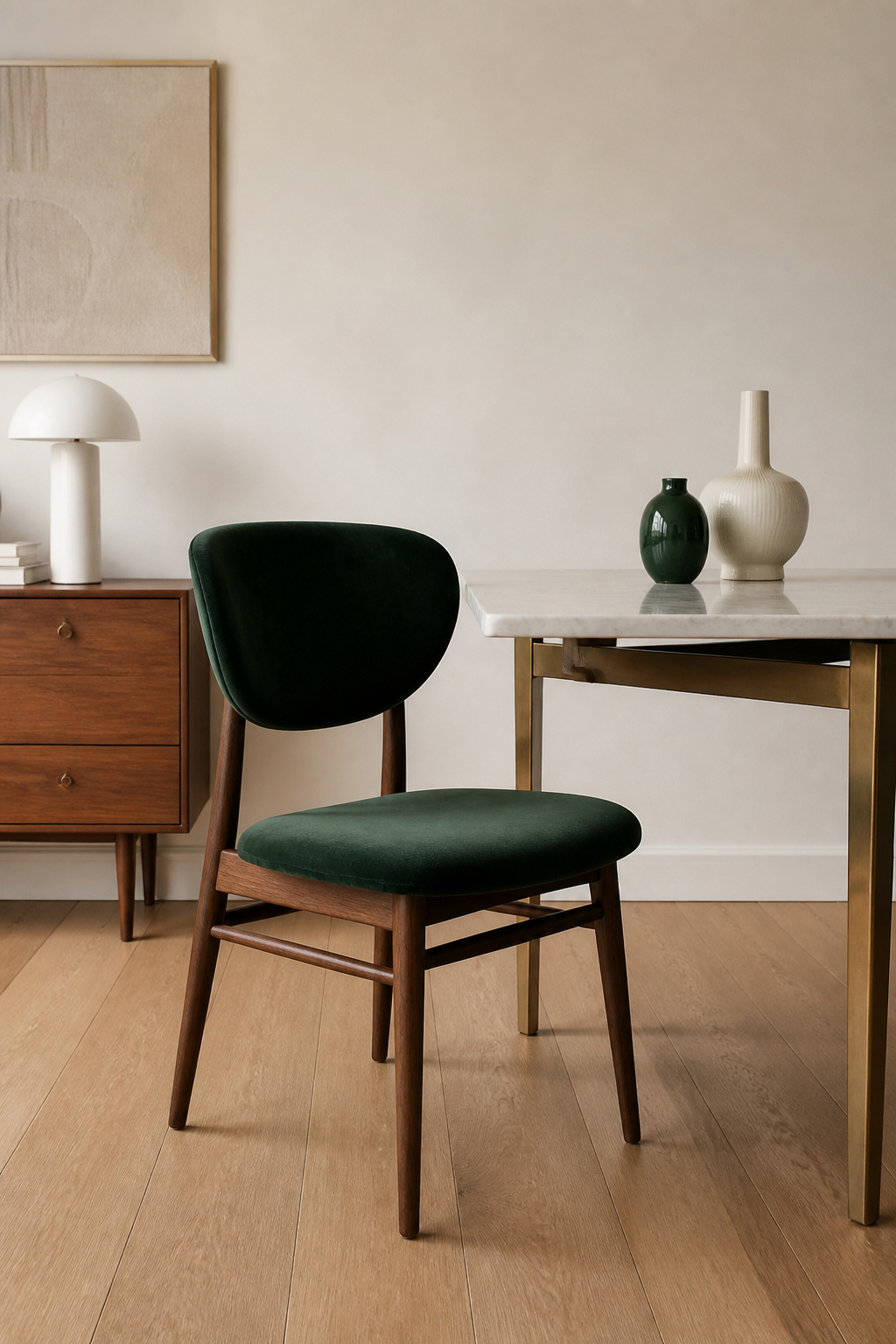 Eclectic dining corner in warm white and natural oak with a single deep forest green velvet chair and matching green ceramic vase — demonstrating that one repeated colour is sufficient for palette cohesion