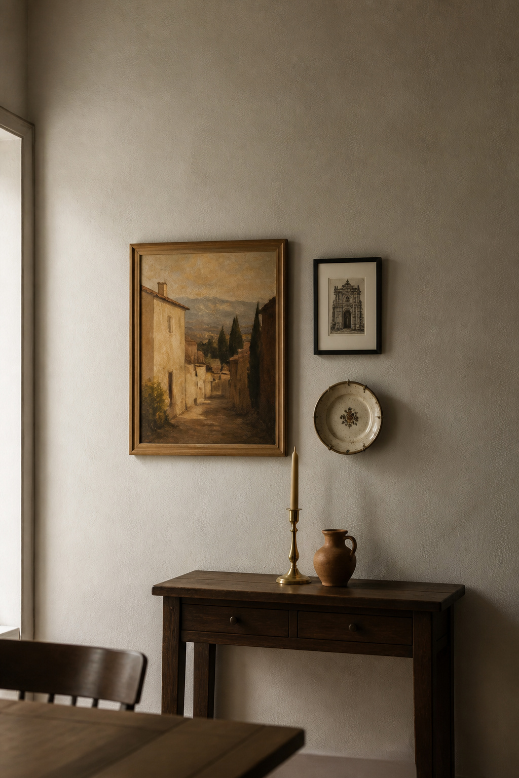 Eclectic dining room wall in warm putty-grey plaster with mixed-frame artwork, dark walnut console table, brass candlestick and terracotta vessel — the large neutral wall field makes each accent object read as deliberately placed