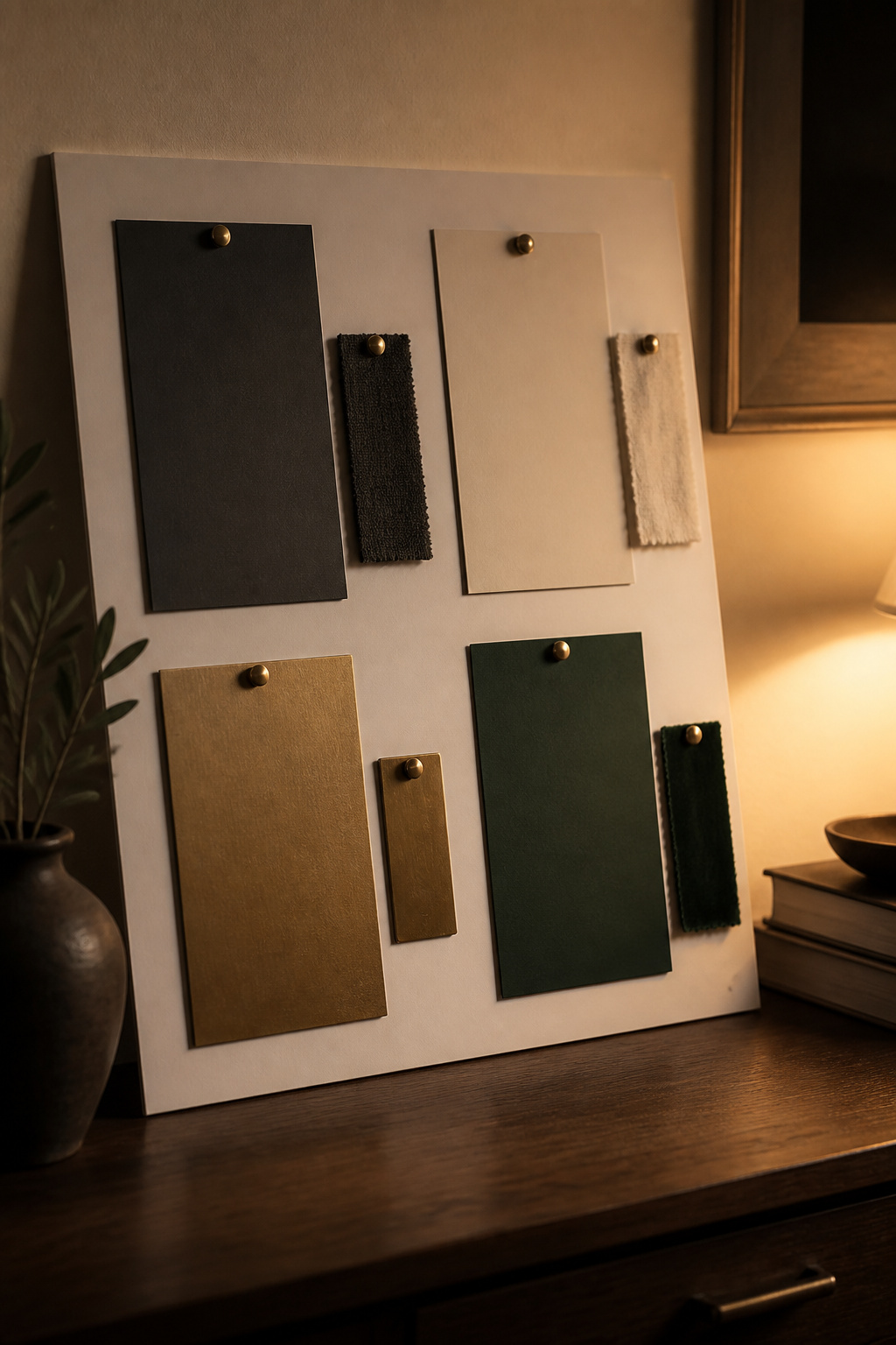 Palette testing board with four paint swatches — deep charcoal, warm ivory, aged brass gold, forest green — and matching fabric samples photographed in warm evening artificial light from a single table lamp on a walnut surface