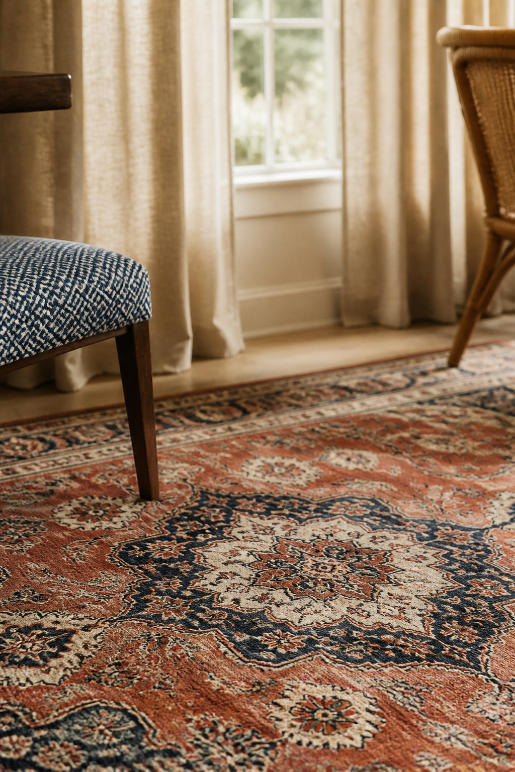 Large-scale Persian rug in terracotta, navy and ivory with a small-scale geometric navy chair cushion and floor-length solid linen curtains in an eclectic dining room