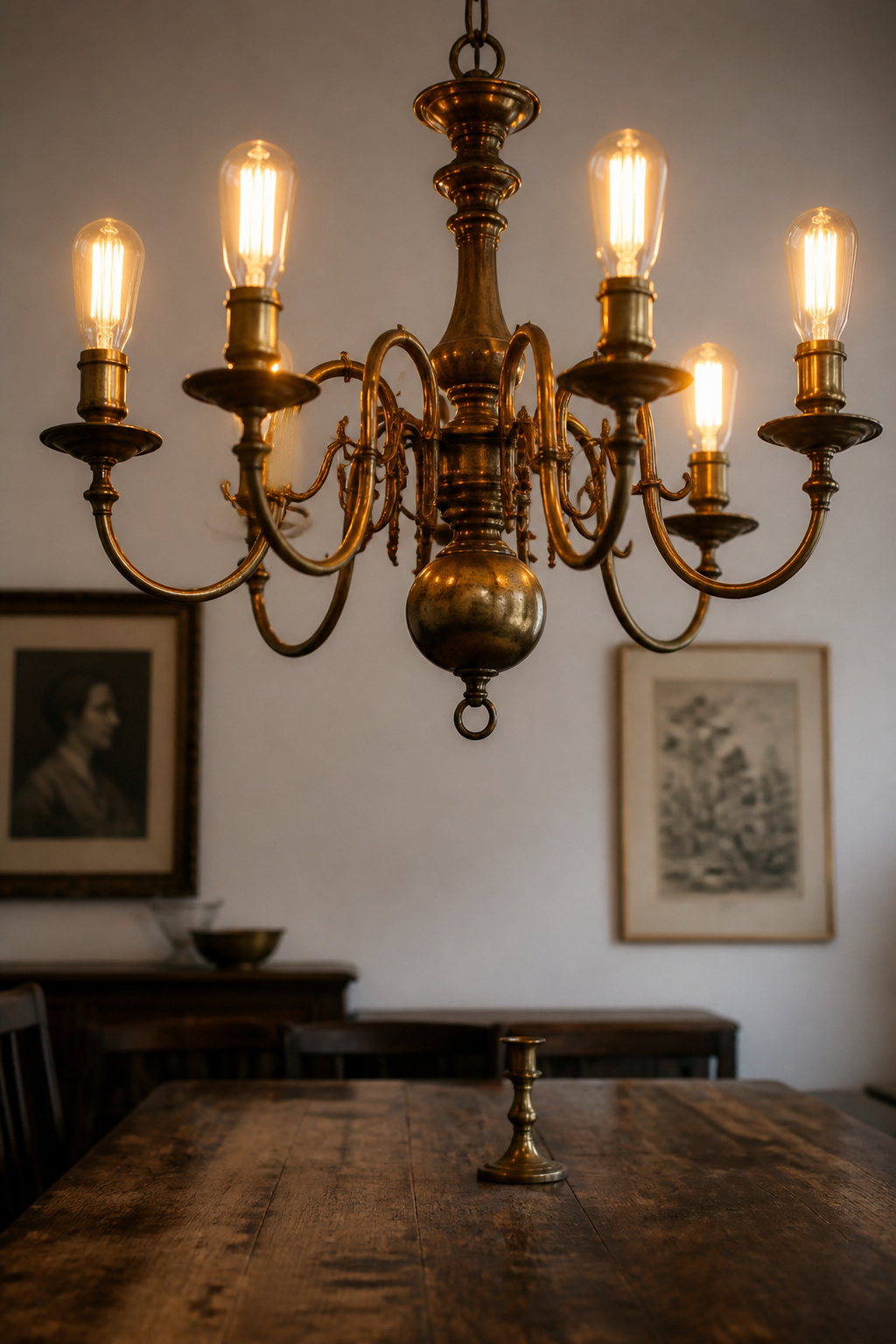 Aged-brass chandelier with ornate curved arms and warm Edison bulbs hanging over a patinated antique oak dining table, with a small brass candlestick and blurred framed prints in the background