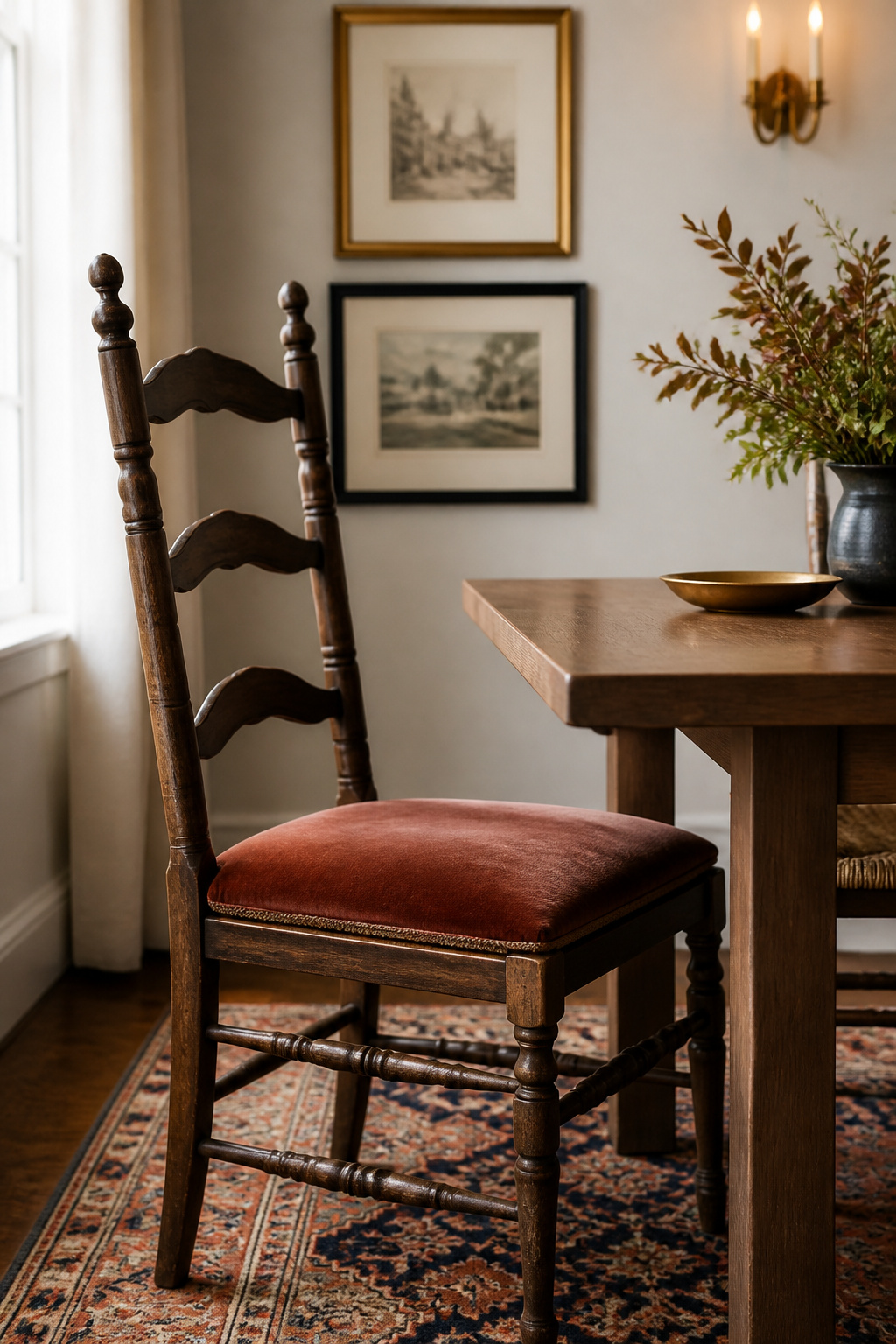 Antique ladder-back chair with velvet terracotta cushion at a modern Shaker dining table, beside mismatched gold and black framed prints on a white wall with an aged-brass sconce