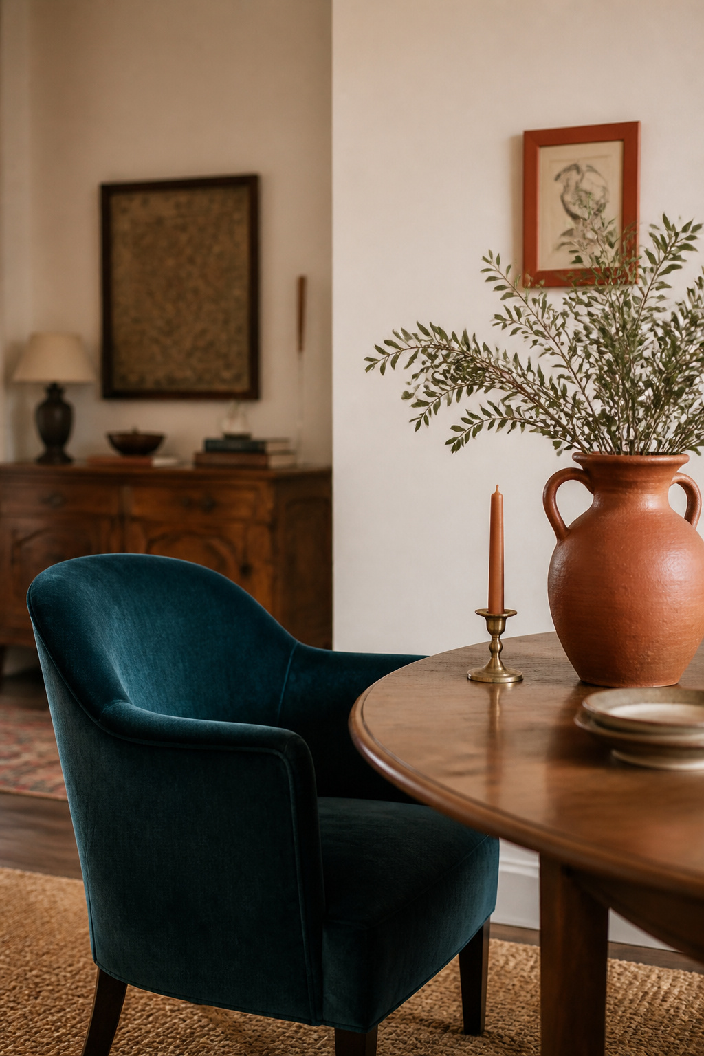 Eclectic dining room corner with warm-white walls as the neutral backdrop, a deep-teal velvet armchair, and terracotta accents repeated in a ceramic vase, framed print and taper candle