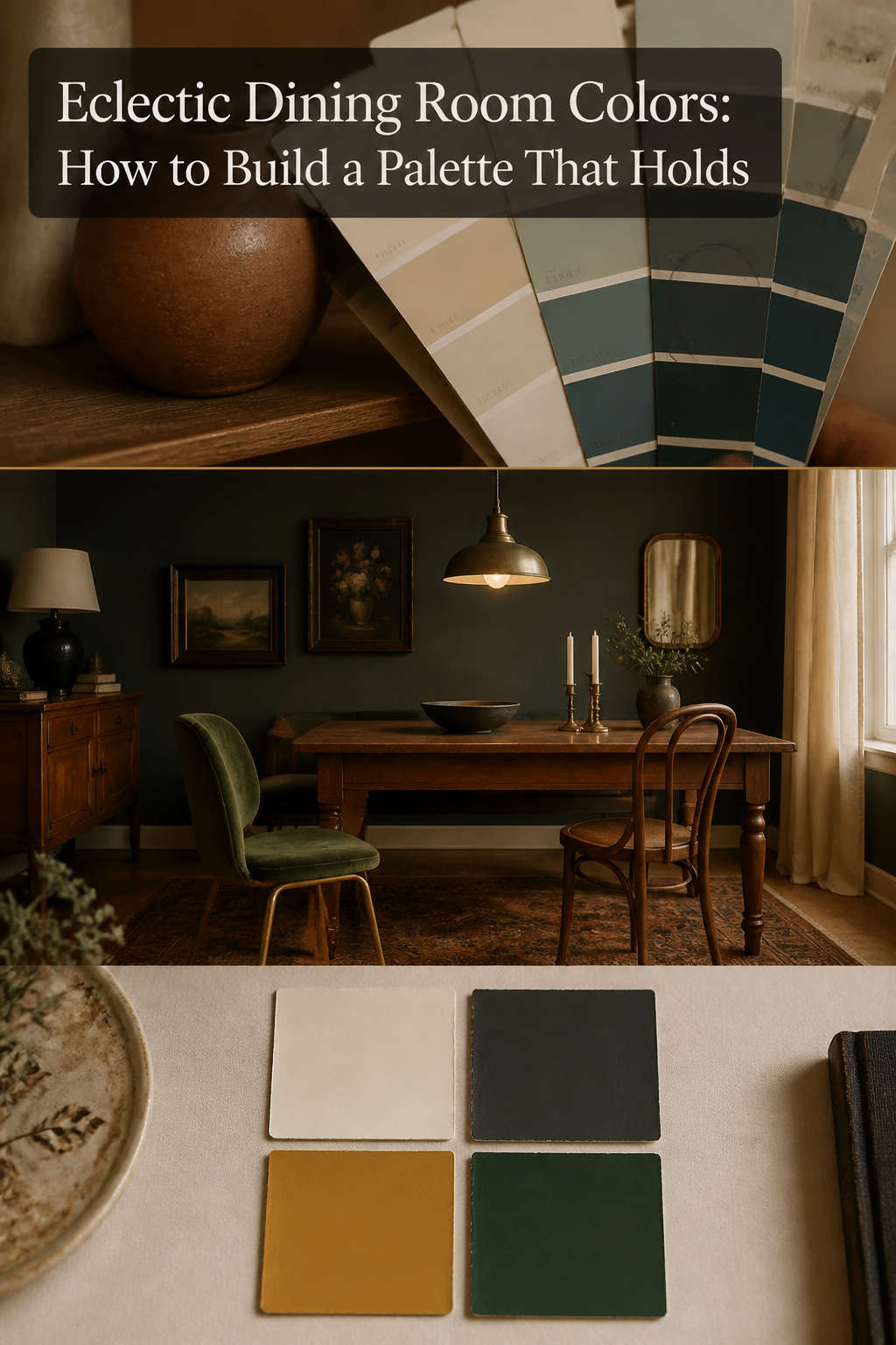 Pinterest collage showing eclectic dining room color palette building: paint fan deck beside terracotta vessel, moody charcoal-walled dining room with vintage furniture, and four paint swatches — ivory, charcoal, brass gold, forest green