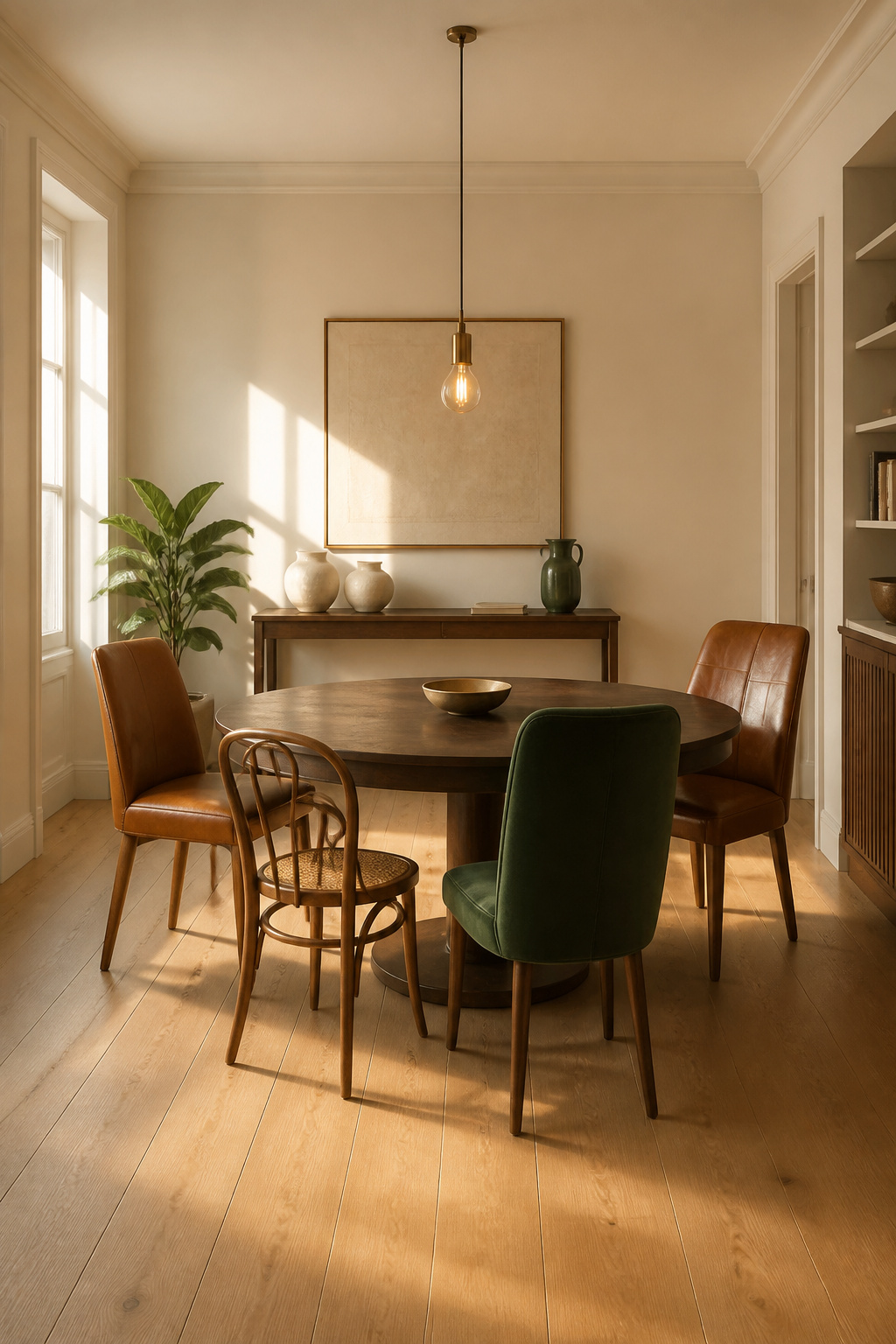 Eclectic dining room with warm cream walls, mixed-style chairs in cognac leather and forest green velvet around a walnut table, aged brass pendant, and natural oak floor — a restrained palette where green reads as the single intentional accent