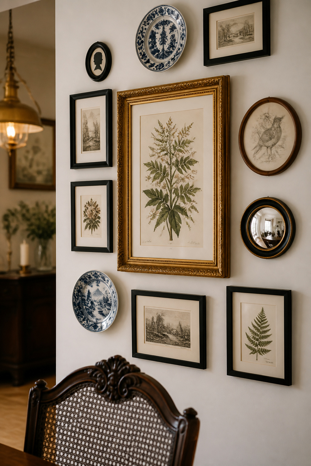 Eclectic dining room gallery wall with a large botanical print in an ornate gold frame as anchor, surrounded by smaller black frames, a wood-framed sketch, two blue-and-white decorative plates and a small round mirror