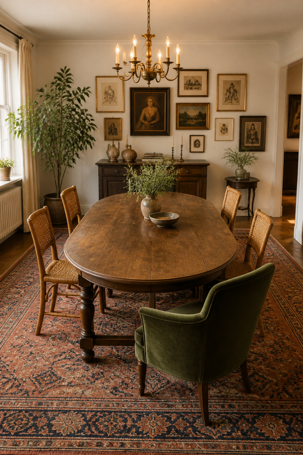 Eclectic dining room with an antique oak oval table, mixed velvet and rattan chairs, Persian-style rug, gallery wall of mismatched frames, and an aged-brass chandelier