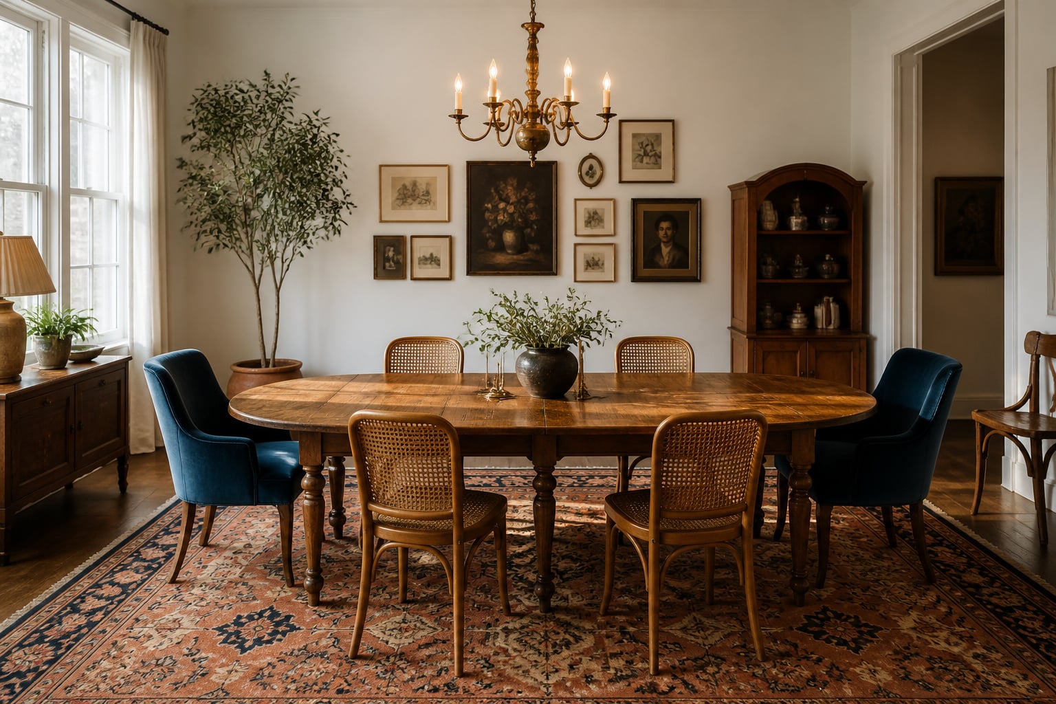 Eclectic dining room with an antique oak oval table, mixed velvet and rattan chairs, Persian-style rug, gallery wall of mismatched frames, and an aged-brass chandelier