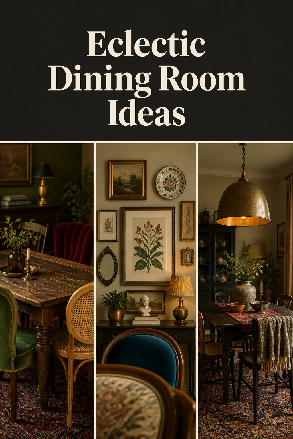 Three-panel Pinterest collage showing mismatched eclectic dining chairs, an eclectic dining room gallery wall with mixed frames and decorative plates, and an aged-brass pendant over a Persian rug