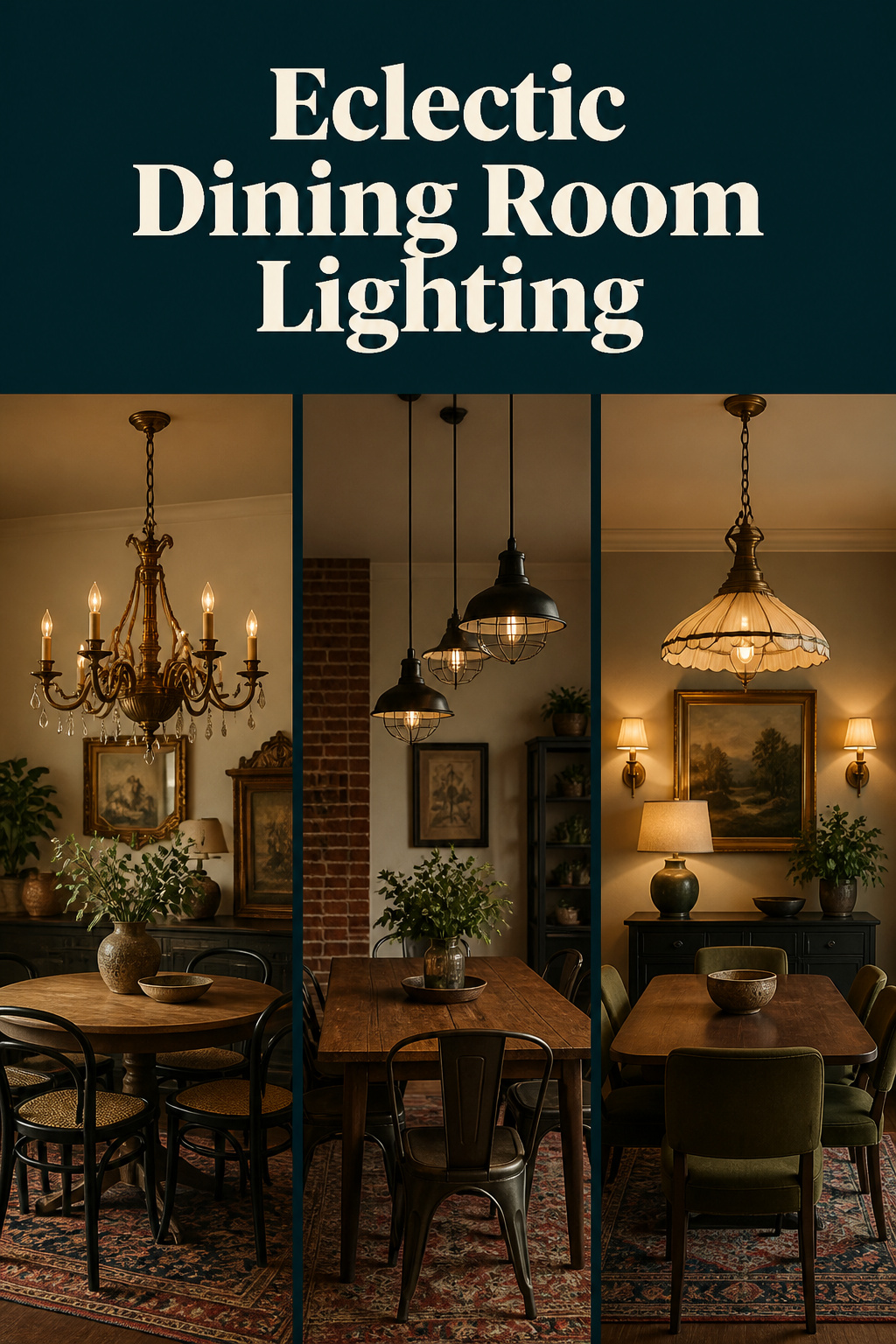 Three approaches to eclectic dining room lighting: vintage chandelier, staggered industrial pendants, and a layered scheme with sconces and sideboard lamp