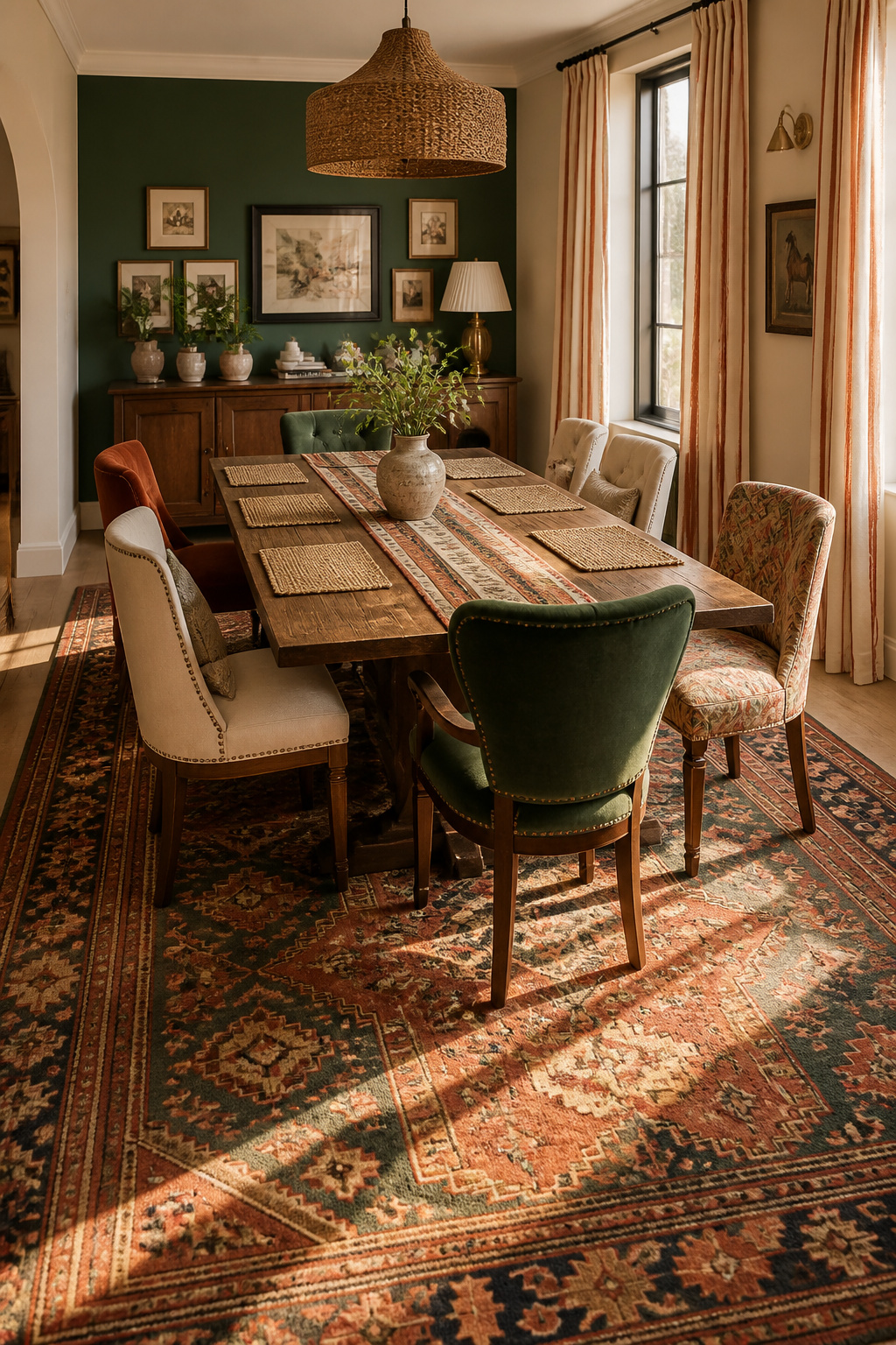Eclectic dining room with vintage kilim rug, velvet and linen chairs, and striped curtains showing pattern mixing in warm terracotta and green tones