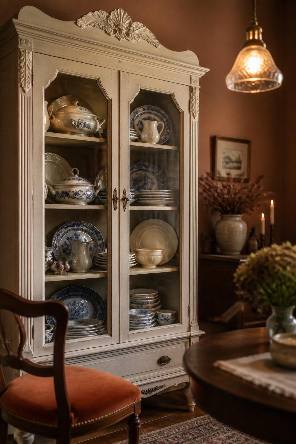 Antique painted china cabinet with glass doors displaying mismatched ivory and blue-and-white vintage dinnerware, with a thrifted wooden chair with a terracotta velvet cushion in the foreground and a patinated brass vintage pendant above